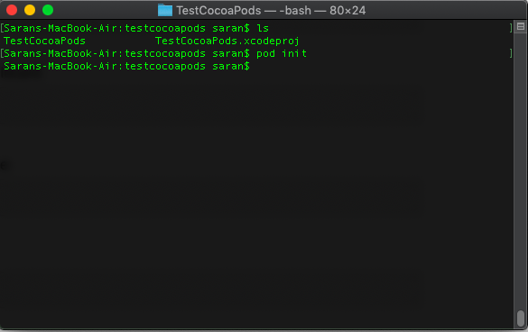 ภาพที่ 3 ใช้คำสั่ง pod init เพื่อติดตั้ง podfile ใน xcode project