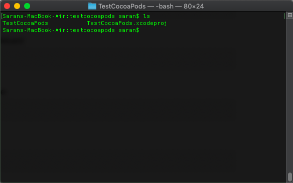 ภาพที่ 2 ใช้คำสั่ง ls จะเห็นไฟล์ xcode project กับ folder