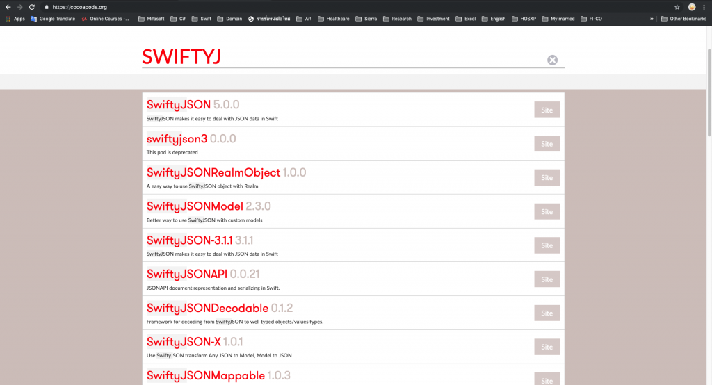 ภาพที่ 1 SwiftyJSON ใน cocoapods.org